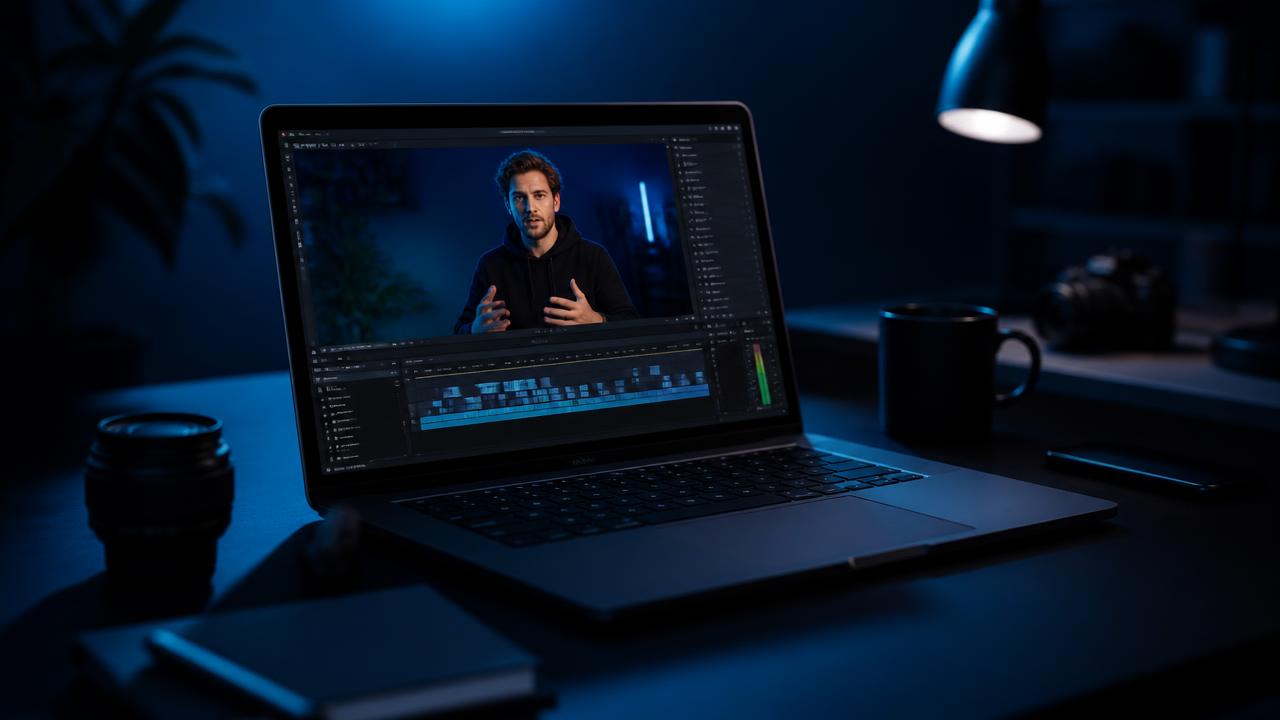 Laptop showing a rendered talking avatar video on a dark desk