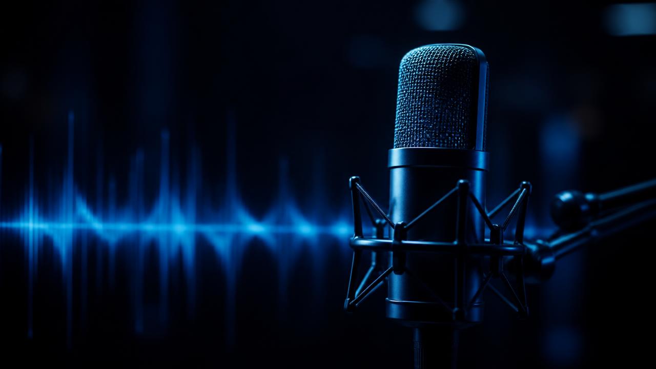 Studio microphone with a blue audio waveform used for live voice conversion